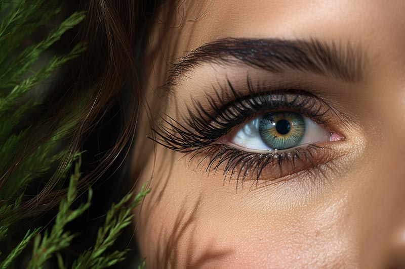 Model showcasing full and natural-looking hybrid eyelash extensions