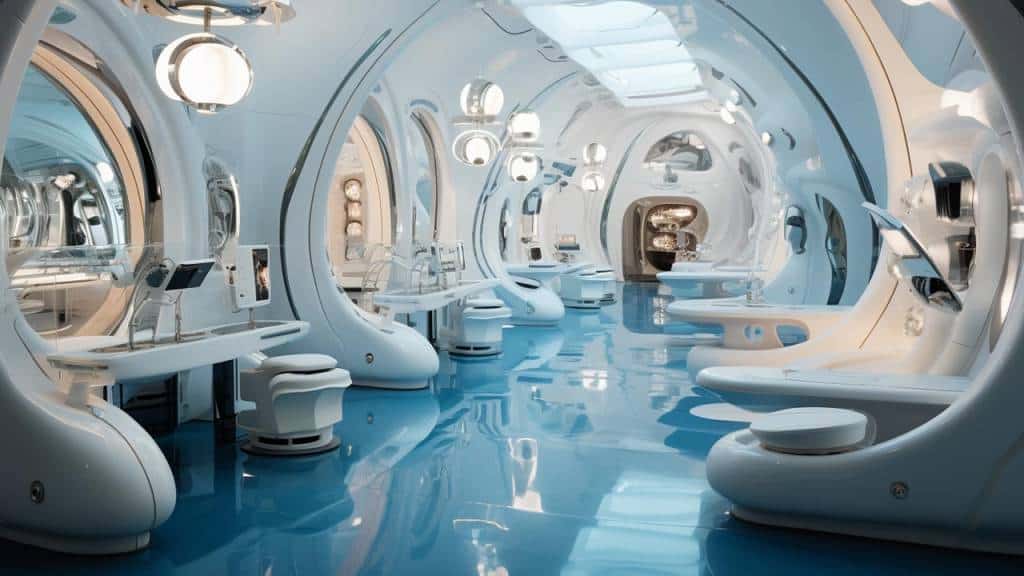 interior of futuristic salon with blue color palette