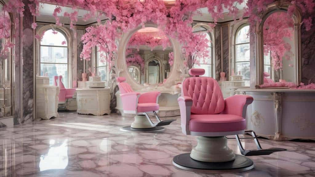 interior of modern day salon with flowers and pink palette
