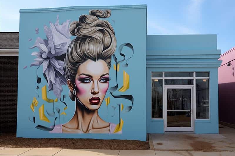 present day beauty salon exterior painted blue with woman mural